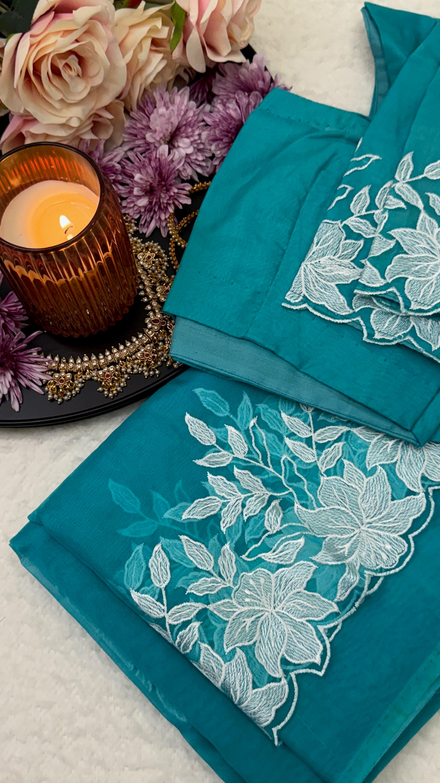 Premium Floral Organza Saree With Stitched Blouse